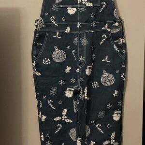 Womens Medium Green Denim Bibs/ Overalls, Xmas Designs NWT
